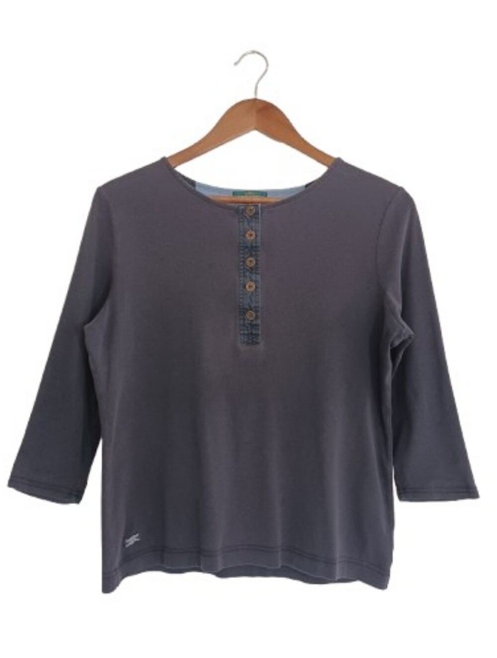 Lauren Ralph Lauren Casual Cotton Henley 3/4 Sleeve Top - Large Slate Gray Black